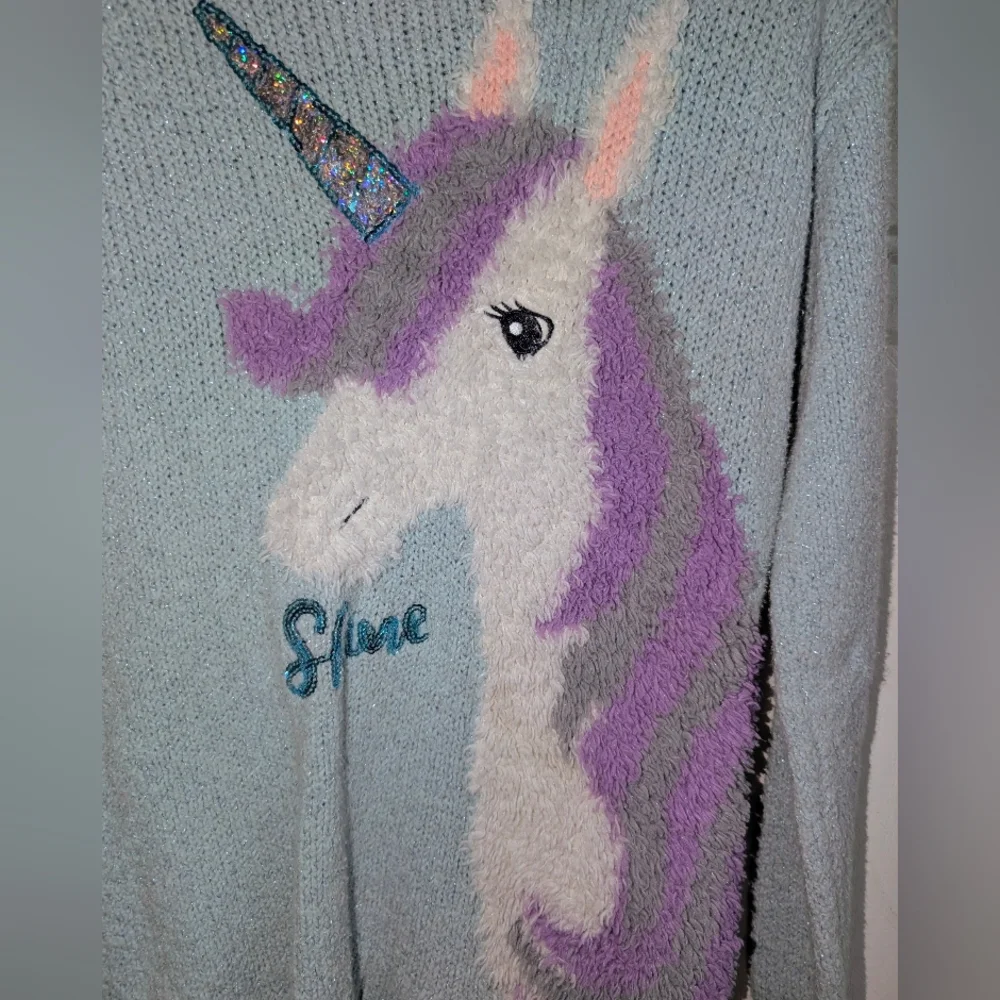 Justice Girls Sparkly Blue Unicorn Sweater -Sz 8